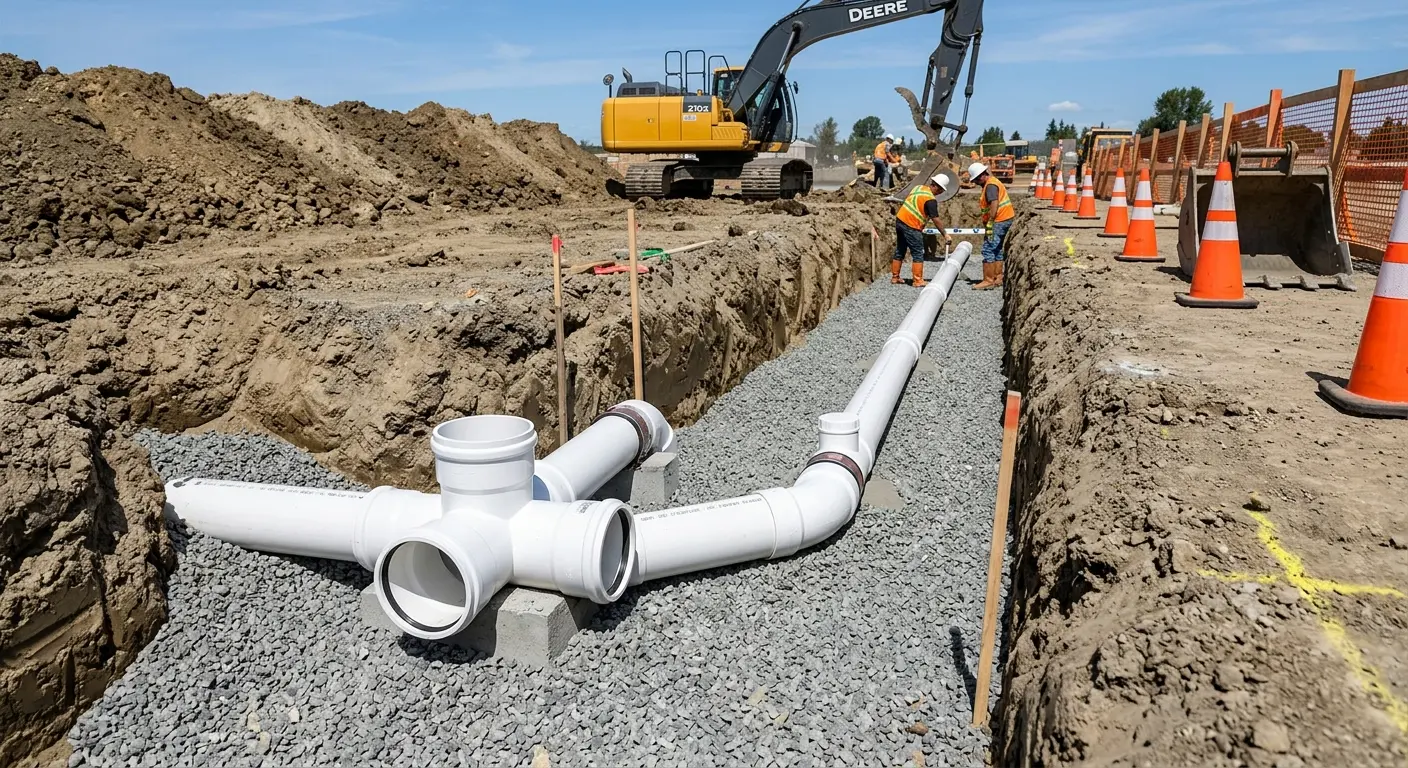 New PVC sewer pipe installation in open trench for Commercial Drain Cleaning in Northport