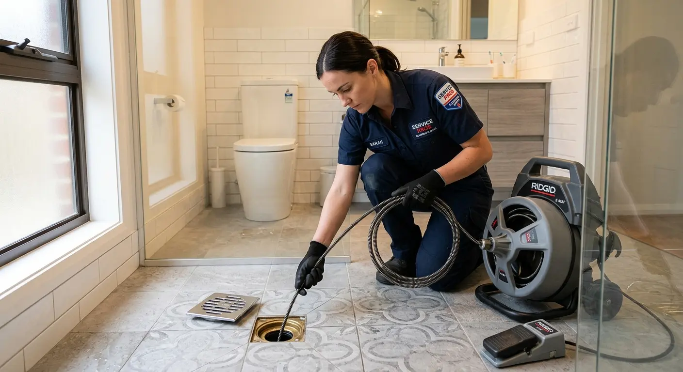 Technician clearing a bathroom floor drain for Hydro Jetting in Northport